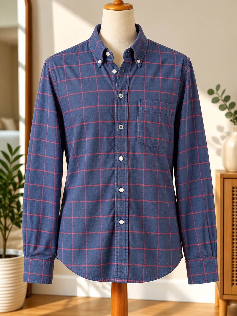 Abercrombie & Fitch Mens M Stretch Navy Red Plaid Button Down Shirt